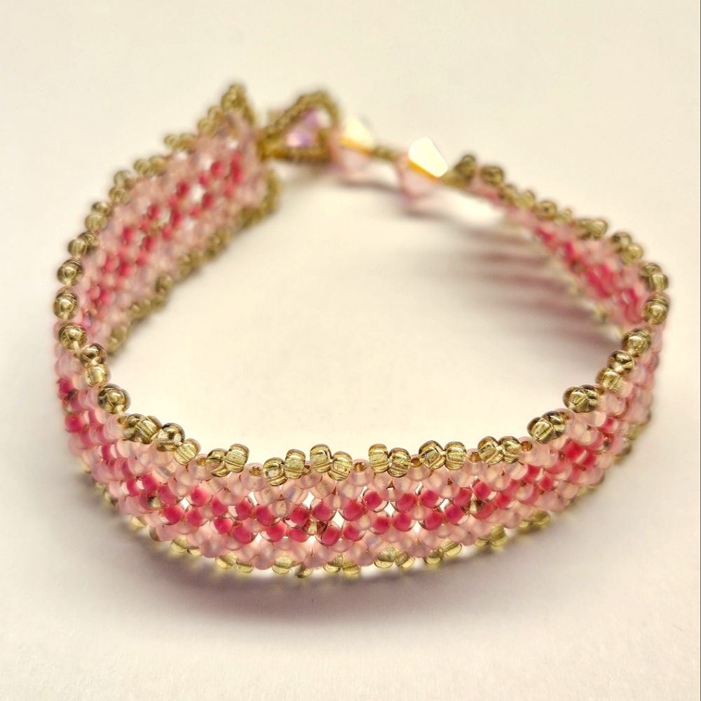Pink and Green Woven Seed Bead Bracelet